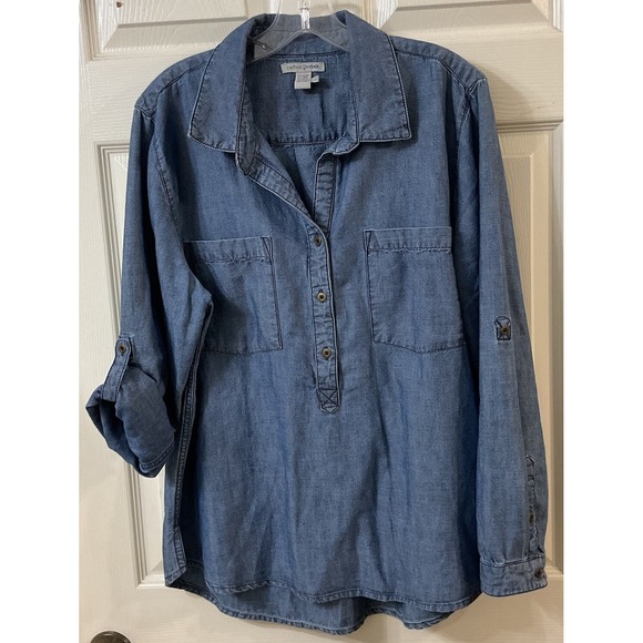 Carbon2Cobalt Tops - Carbon2Cobalt Wmns Linen Blend Blue Chambray Long Slv Collared Button Shirt LG
